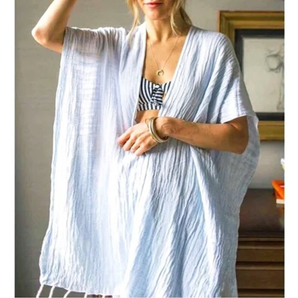 2-PC SET Cotton Fringed Convertible Beach Wrap Matching Travel Bag Light Blue